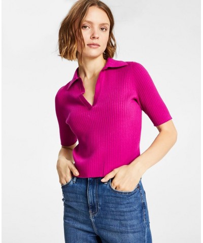 Women's Ribbed Knit Cotton Polo Top Melrose $21.94 Tops