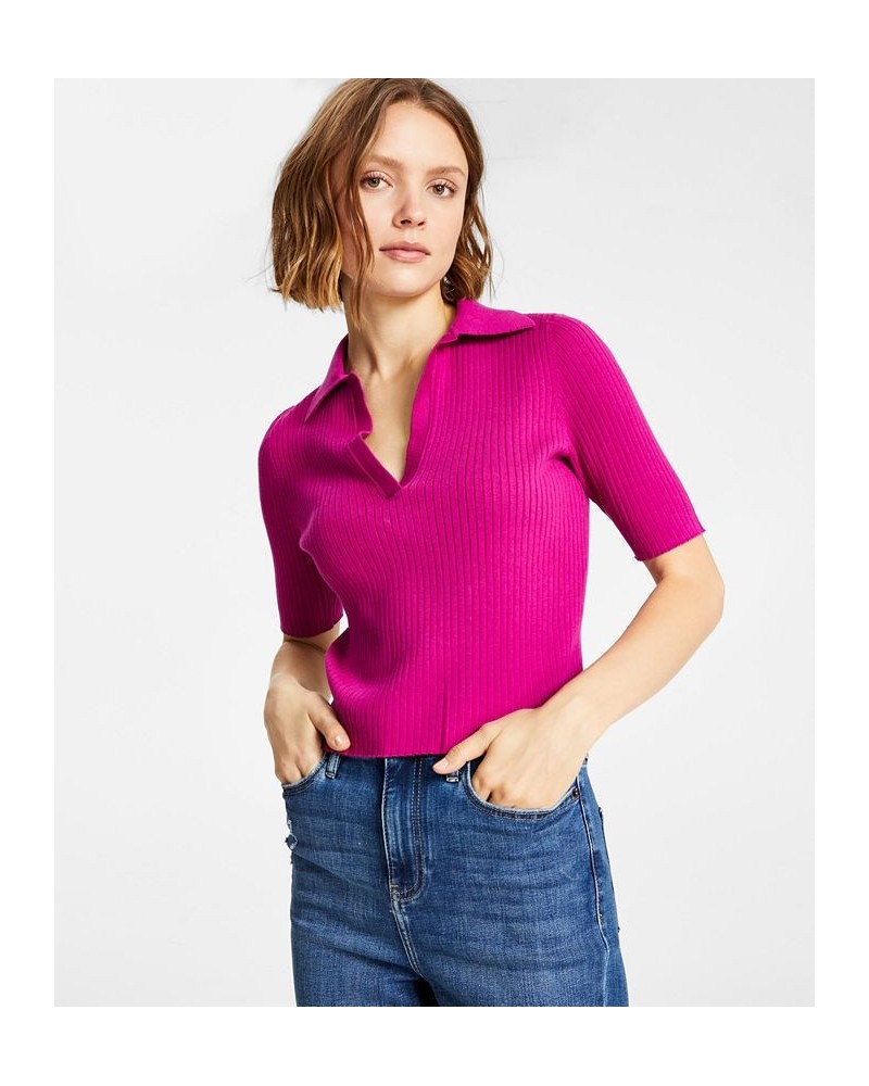 Women's Ribbed Knit Cotton Polo Top Melrose $21.94 Tops