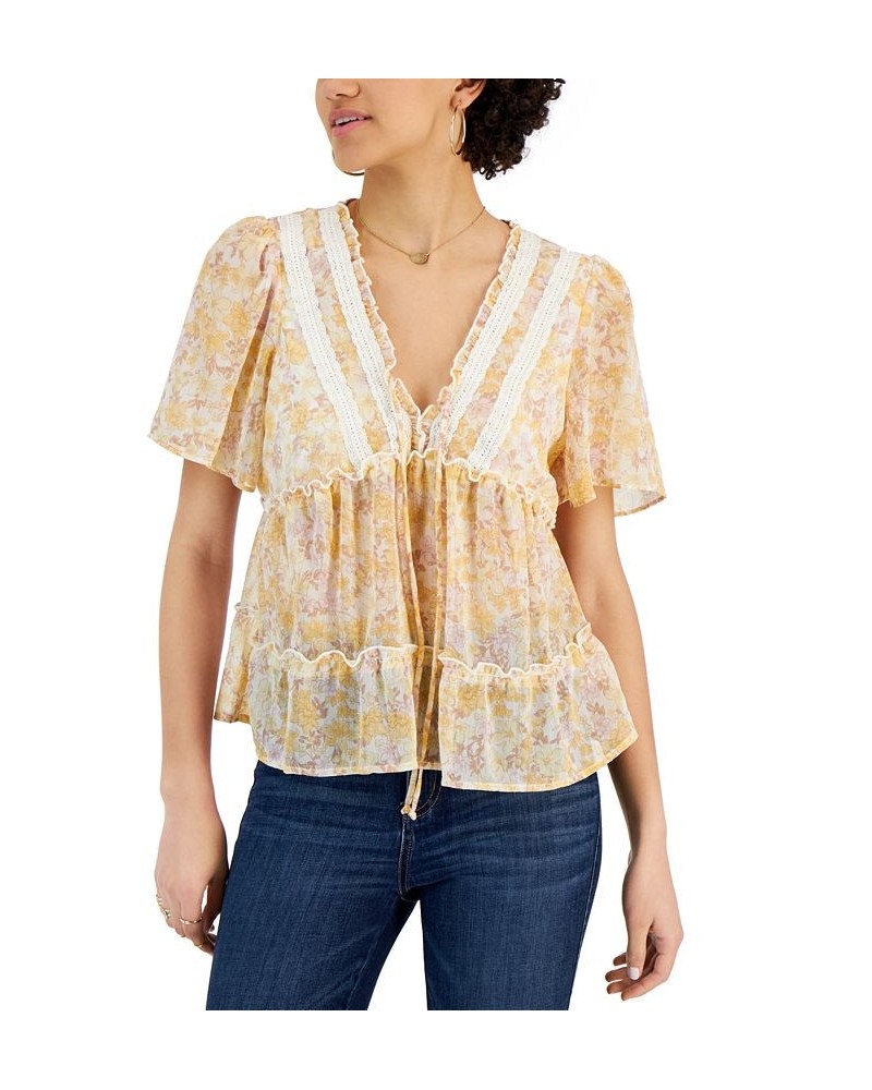 Juniors' Floral-Print Flutter-Sleeve V-Neck Top Cream Yllw Floral $15.08 Tops