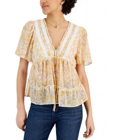 Juniors' Floral-Print Flutter-Sleeve V-Neck Top Cream Yllw Floral $15.08 Tops