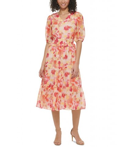 Women's Printed V-Neck Ruffle Dress Coral Multi $73.01 Dresses