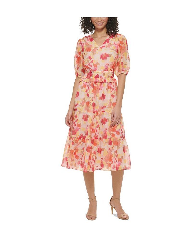 Women's Printed V-Neck Ruffle Dress Coral Multi $73.01 Dresses