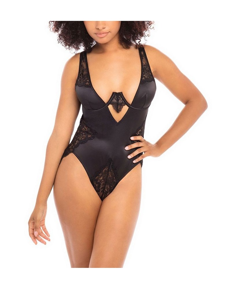 Women's High Apex Teddy Lingerie with Deep Plunging Neckline and Lace Inserts Black $23.90 Lingerie