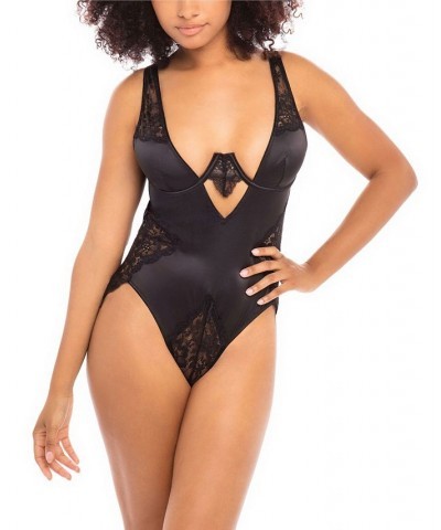 Women's High Apex Teddy Lingerie with Deep Plunging Neckline and Lace Inserts Black $23.90 Lingerie