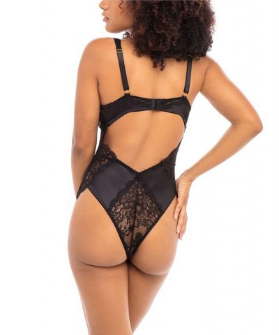 Women's High Apex Teddy Lingerie with Deep Plunging Neckline and Lace Inserts Black $23.90 Lingerie