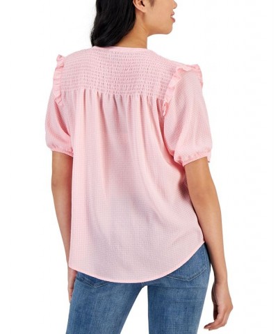 Women's Short Sleeve Smocked Yoke Blouse Pink $31.80 Tops