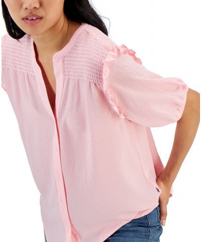 Women's Short Sleeve Smocked Yoke Blouse Pink $31.80 Tops