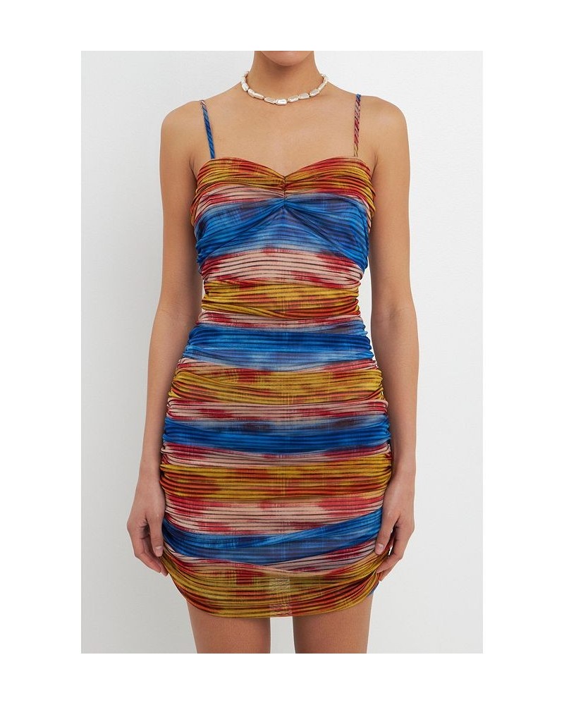 Women's Striped Mesh Mini Dress with Ruched Detail Multi $50.00 Dresses