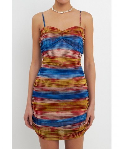 Women's Striped Mesh Mini Dress with Ruched Detail Multi $50.00 Dresses