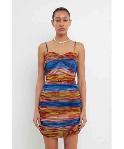 Women's Striped Mesh Mini Dress with Ruched Detail Multi $50.00 Dresses