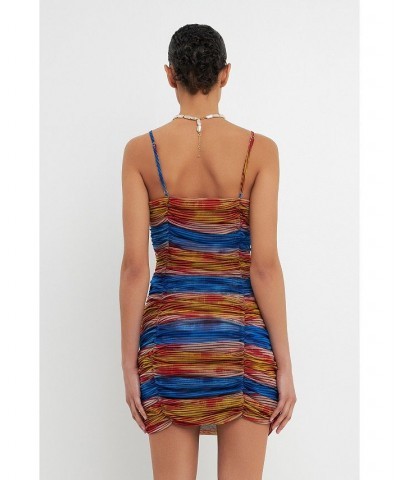 Women's Striped Mesh Mini Dress with Ruched Detail Multi $50.00 Dresses