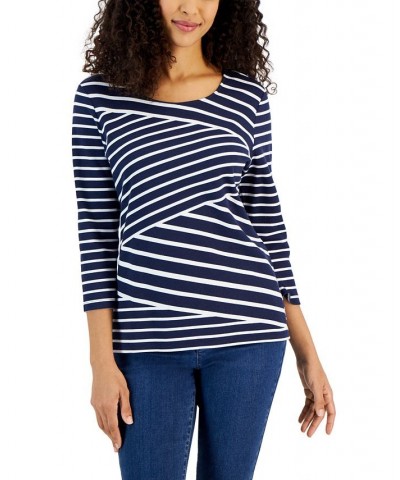 Women's Callie Asymmetrical-Stripe 3/4-Sleeve Top Pebble $10.59 Tops