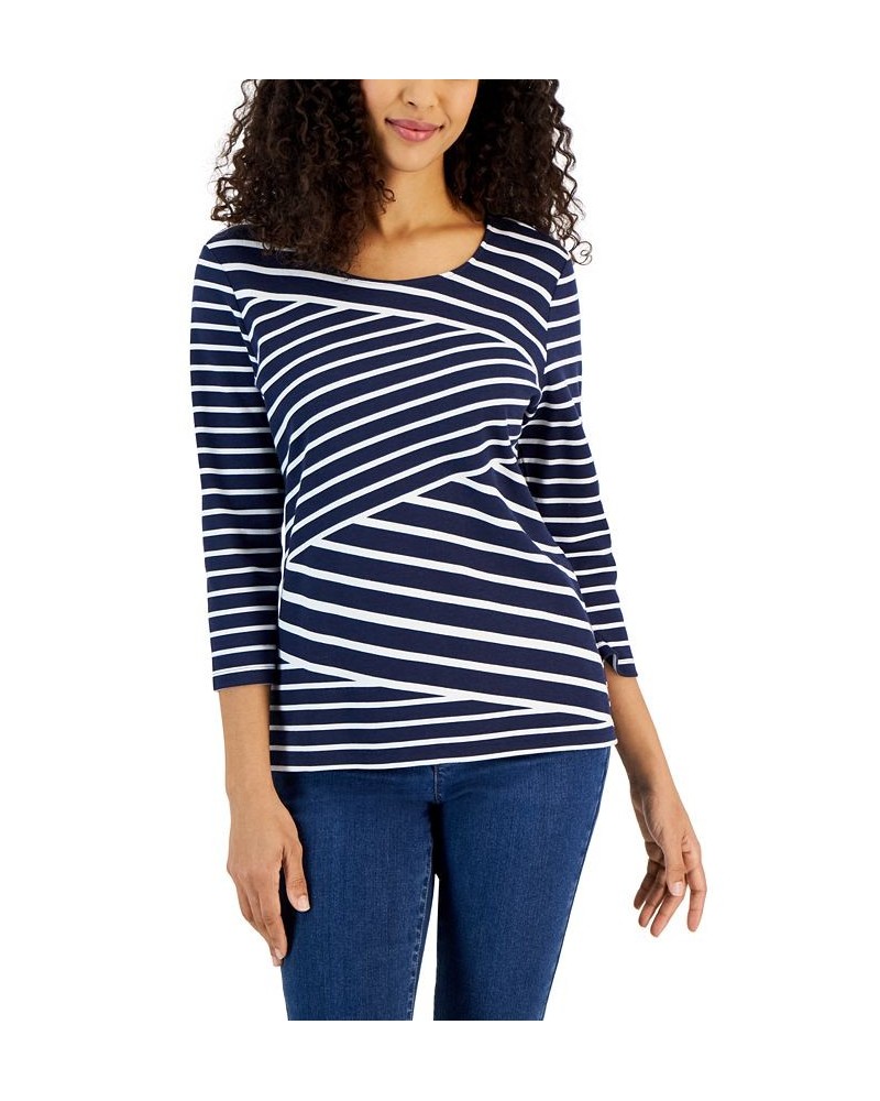 Women's Callie Asymmetrical-Stripe 3/4-Sleeve Top Pebble $10.59 Tops
