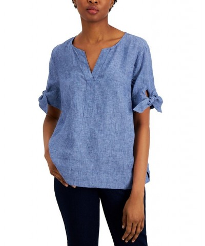 Petite Linen Split-Neck Top Blue $20.67 Tops