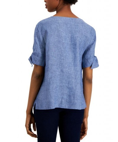 Petite Linen Split-Neck Top Blue $20.67 Tops