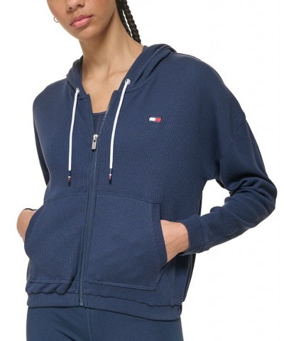 Women's Waffle-Knit Full-Zip Hoodie Blue $17.09 Tops