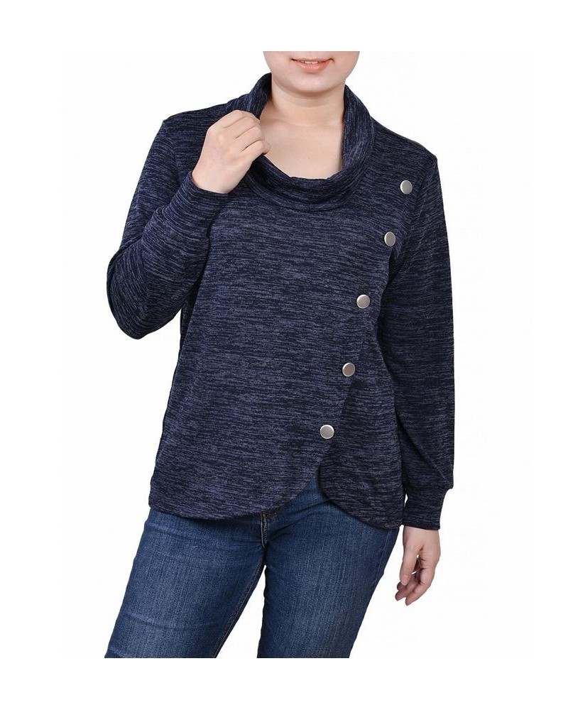 Petite Size Long Sleeve Overlapping Cowl Neck Top Navy Enzoz $13.20 Tops