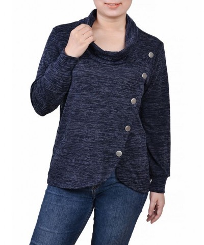 Petite Size Long Sleeve Overlapping Cowl Neck Top Navy Enzoz $13.20 Tops