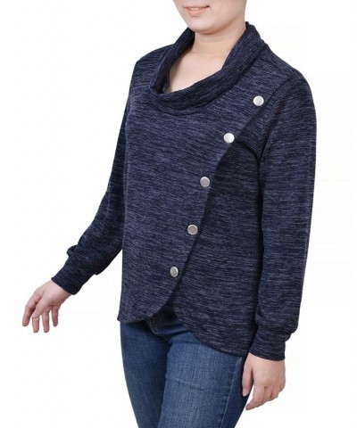 Petite Size Long Sleeve Overlapping Cowl Neck Top Navy Enzoz $13.20 Tops