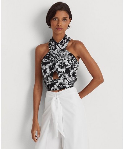 Women's Floral Crepe Cropped Halter Blouse Black/white $46.25 Tops