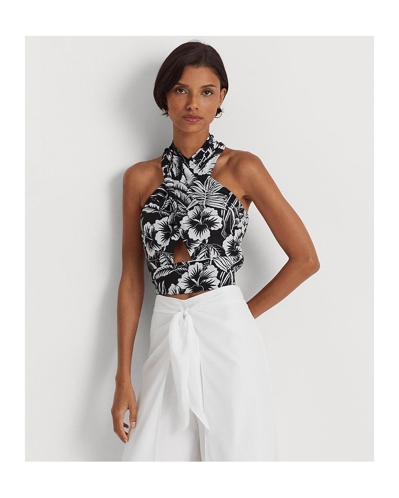 Women's Floral Crepe Cropped Halter Blouse Black/white $46.25 Tops