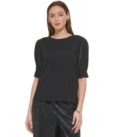 Women's Crewneck Contrast-Elbow-Sleeve Knit Top Black $22.00 Tops