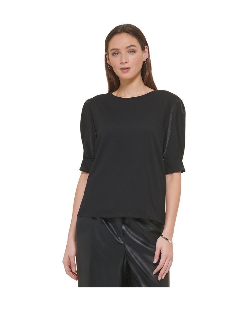 Women's Crewneck Contrast-Elbow-Sleeve Knit Top Black $22.00 Tops