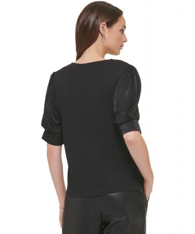 Women's Crewneck Contrast-Elbow-Sleeve Knit Top Black $22.00 Tops