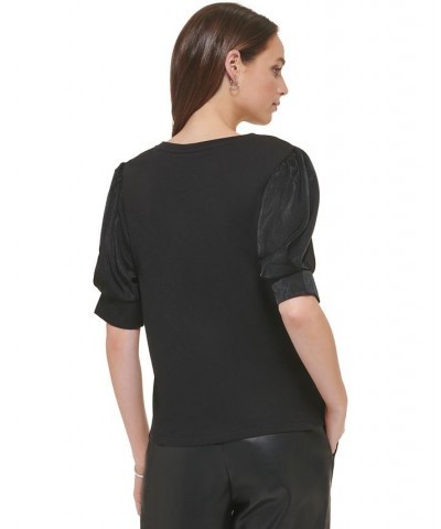 Women's Crewneck Contrast-Elbow-Sleeve Knit Top Black $22.00 Tops