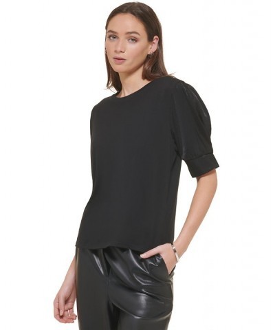 Women's Crewneck Contrast-Elbow-Sleeve Knit Top Black $22.00 Tops