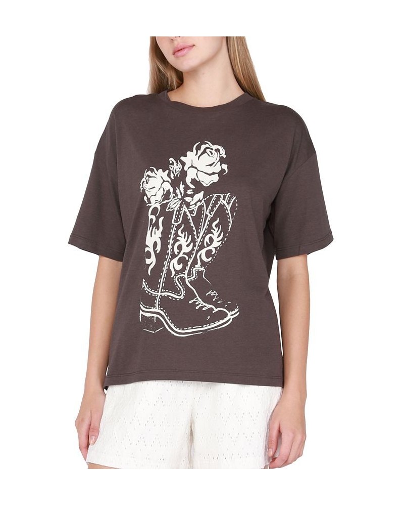 Women's Dropped-Shoulder Graphic T-Shirt Vintage Grey $15.99 Tops