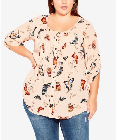 Plus Size Sandy Pintuck Print Shirt Peach Papillion $27.60 Tops