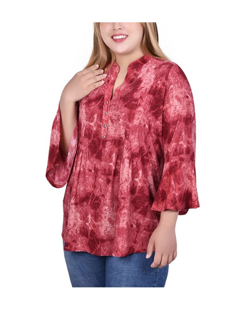 Plus Size Pleat Front Y-Neck Top Wine Wildmilan $11.68 Tops