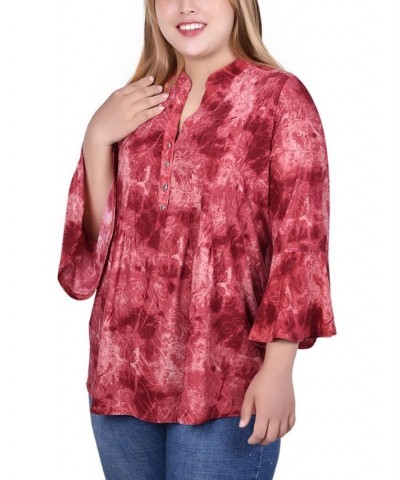 Plus Size Pleat Front Y-Neck Top Wine Wildmilan $11.68 Tops