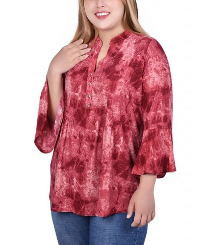 Plus Size Pleat Front Y-Neck Top Wine Wildmilan $11.68 Tops