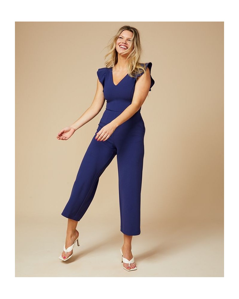 Ruffled-Sleeve Cropped Jumpsuit Navy $31.08 Pants