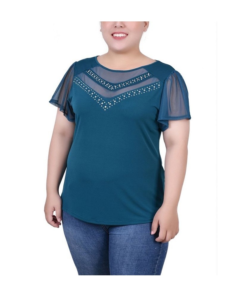 Plus Size Studded Short Flutter Sleeve Top with Mesh Details Shaded Spruce $12.97 Tops