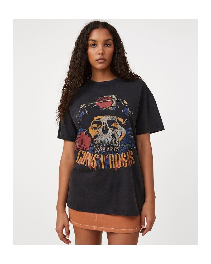 Women's Boyfriend Fit Guns N Roses T-shirt Licensed Bright Guns N Roses Skull Head, Black $20.79 Tops