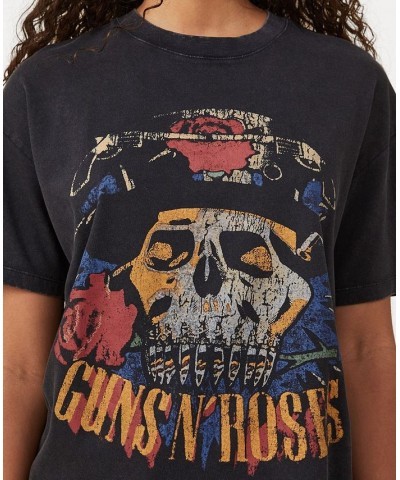 Women's Boyfriend Fit Guns N Roses T-shirt Licensed Bright Guns N Roses Skull Head, Black $20.79 Tops