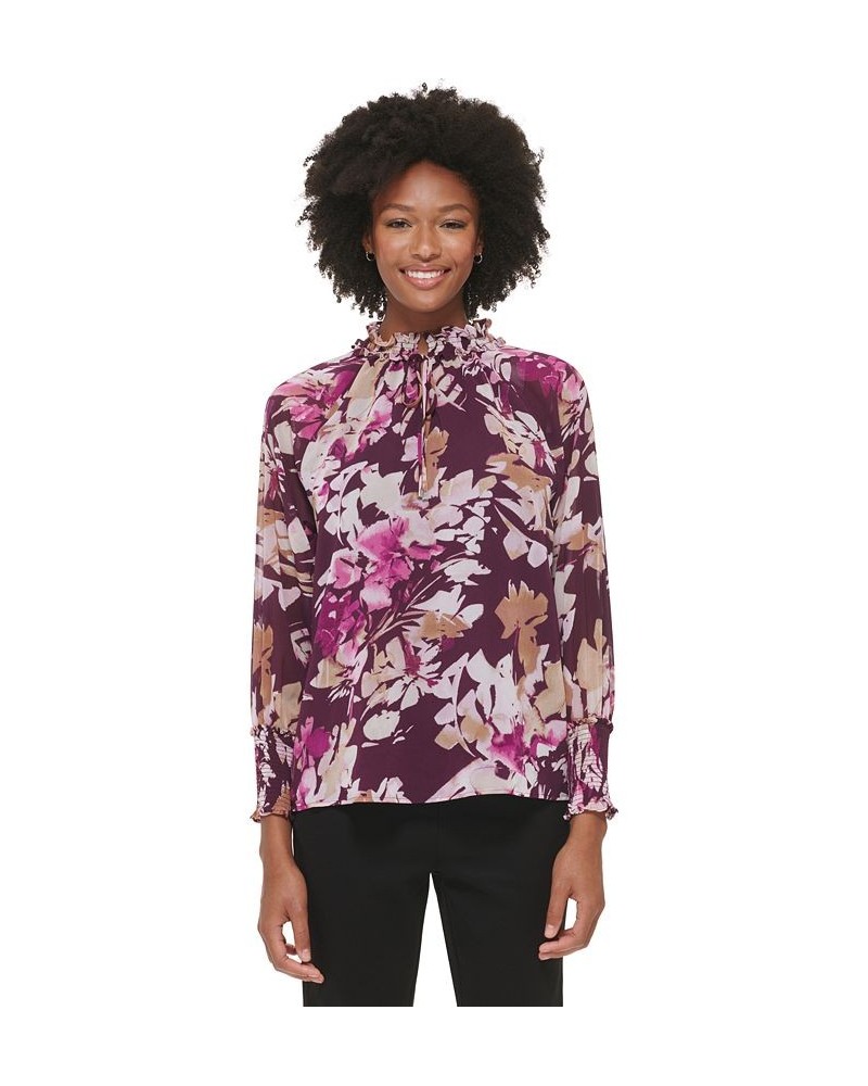 Women's Printed Chiffon Peasant Blouse Aubergine/Latte Multi $29.43 Tops