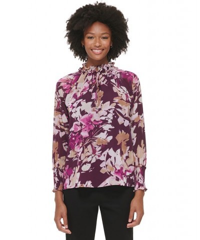 Women's Printed Chiffon Peasant Blouse Aubergine/Latte Multi $29.43 Tops