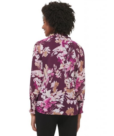 Women's Printed Chiffon Peasant Blouse Aubergine/Latte Multi $29.43 Tops