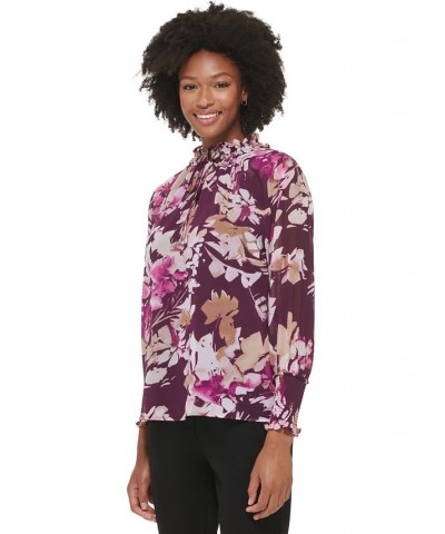 Women's Printed Chiffon Peasant Blouse Aubergine/Latte Multi $29.43 Tops