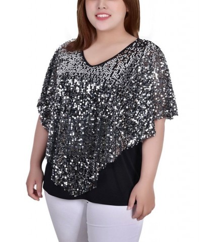 Plus Size Sequin-Front Poncho Top Silver $15.77 Tops