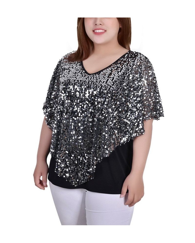 Plus Size Sequin-Front Poncho Top Silver $15.77 Tops