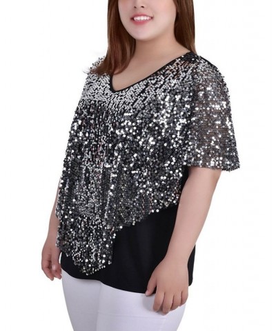 Plus Size Sequin-Front Poncho Top Silver $15.77 Tops