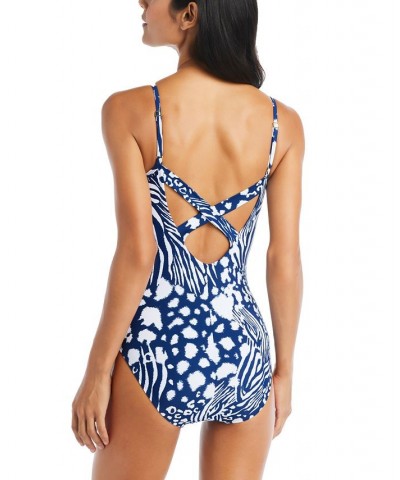 Women's Animal Haven Printed Mesh Cut-Outs One-Piece Swimsuit Blue Multi $55.87 Swimsuits