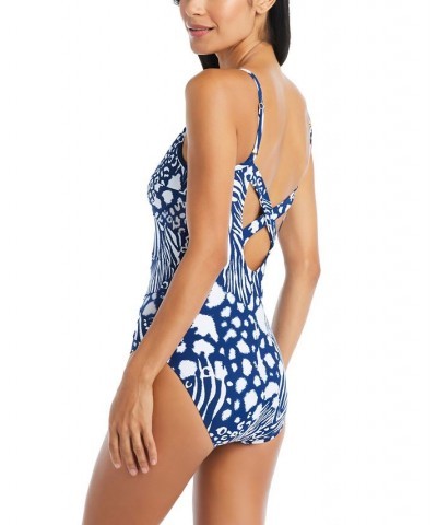 Women's Animal Haven Printed Mesh Cut-Outs One-Piece Swimsuit Blue Multi $55.87 Swimsuits