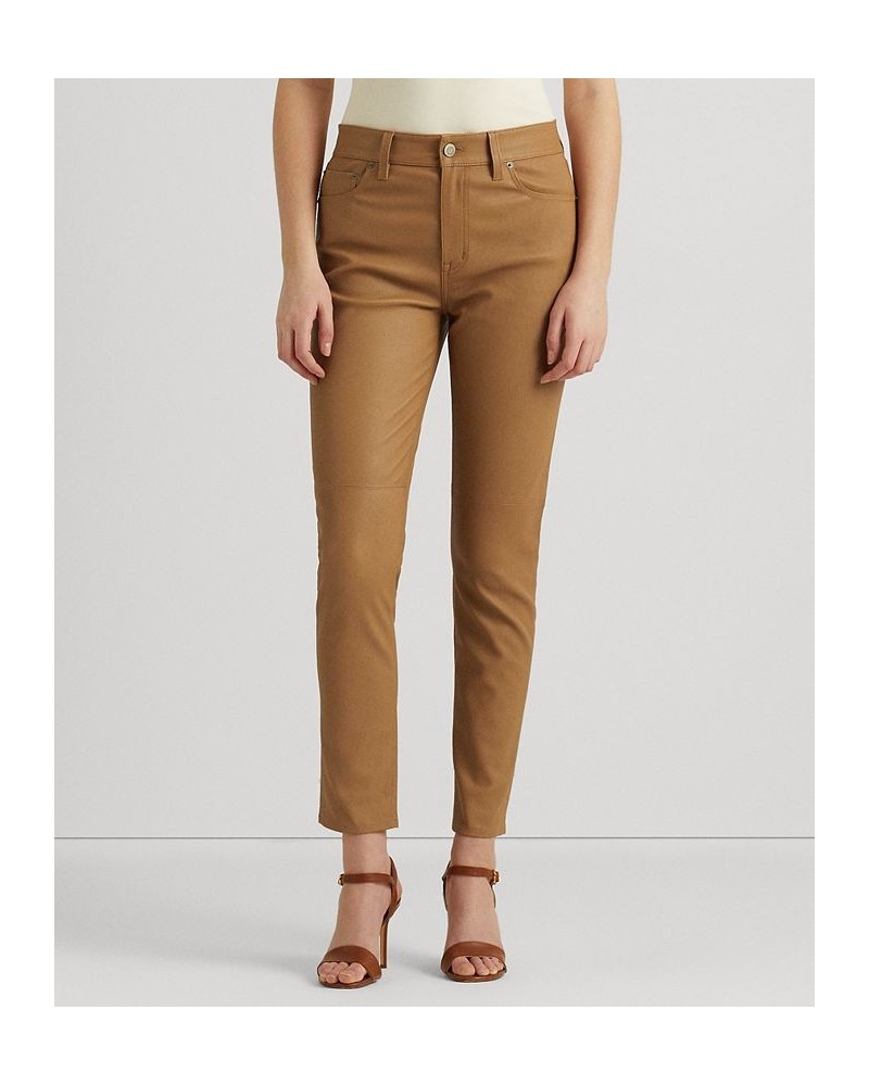 Women's Stretch Leather Skinny Ankle Pants Dark Camel $150.81 Pants