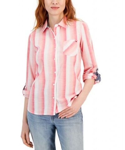 Plus Size Cotton Button-Front Roll-Tab Shirt Azalea $41.17 Tops